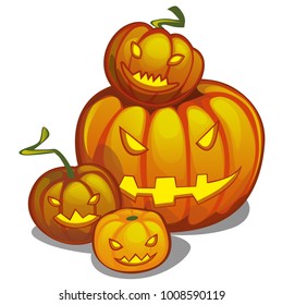 Set of ripe pumpkin with carved eyes and mouth, Jack-o-Lanterns. Attribute of the holiday of Halloween. Sketch for holiday cards, posters or invitations to party. Cartoon vector close-up illustration.
