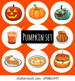 Set of ripe pumpkins, food and Jack-o-lantern. Attribute of holiday of Halloween, healthy eating and thanksgiving day. Sketch for holiday stickers, cards or party invitation. Cartoon vector close-up.