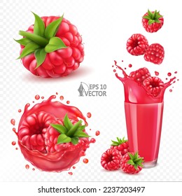Set of ripe raspberries in transparent juice splash with drops, fresh juice in a glass, 3d realistic vector illustration