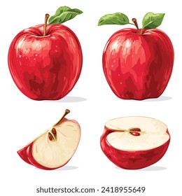 Set with ripe red apples, flat style cartoon illustration 