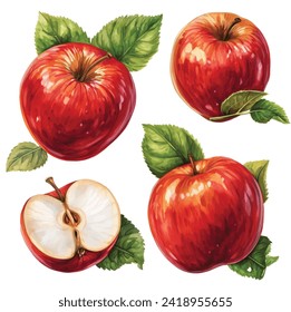 Set with ripe red apples, flat style cartoon illustration 