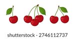 Set of ripe red cherries with green leaves in flat vector style, isolated. Fresh summer fruit illustration perfect for food design, packaging, prints, stickers, summer decor, and patterns.