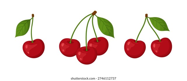 Set of ripe red cherries with green leaves in flat vector style, isolated. Fresh summer fruit illustration perfect for food design, packaging, prints, stickers, summer decor, and patterns.