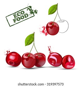 ?herry. Set of ripe red cherries  isolated on white background.  Vector illustration.