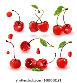 Set Of Ripe Red Cherries. Realistic 3d Isolated Vector Illustration