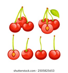 Set of ripe red cherries, some showing their succulent flesh and stone, perfect for designs related to summer, freshness, and healthy eating