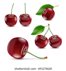 Set of ripe red cherry fruits. 3d vector icons, realistic vector illustration isolated white background