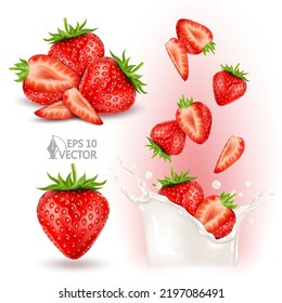 Conjunto de fresas rojas maduras. Bayas jugosas cayendo en la leche o salpicaduras de yogur. 3.ª ilustración vectorial realista aislada en fondo blanco