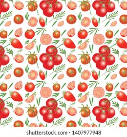 Set of ripe red tomatoes separately and on sprigs.  Includes whole and sliced ​​as halves and quarters.  Pattern for design and decoration cooking