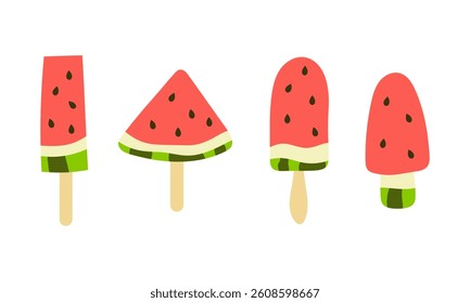 Set of ripe red watermelon on a stick. Sweet summer dessert. 