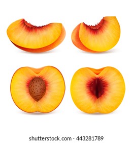 Set ripe slice peaches. Fruits collection isolated on white background. Realistic vector illustration.