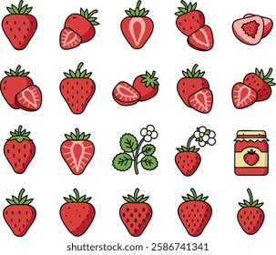 Set of ripe strawberries and pieces of fruit Illustration.Vector graphics.