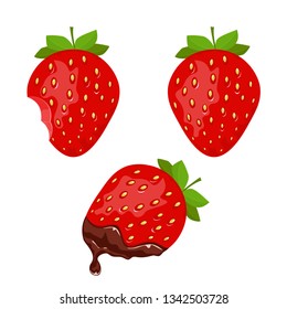 Set of ripe strawberry and red strawberry with chocolate isolated on white background, illustration.
