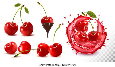 Set of ripe sweet cherries with leaves and splash of juice. Vector.