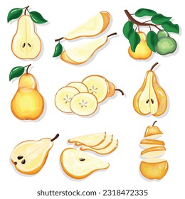 Set of ripe sweet pears on white background