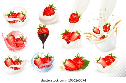 Set of ripe sweet strawberry with leaves and splash of milk and juce. Vector.