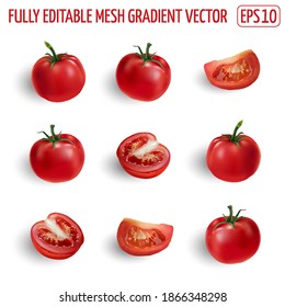Conjunto de tomates maduros sobre un fondo blanco.