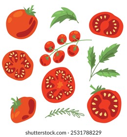 Conjunto de tomates maduros. Verduras. Tomates rojos. Jugosa cosecha. Comida saludable. Vector sobre fondo blanco.