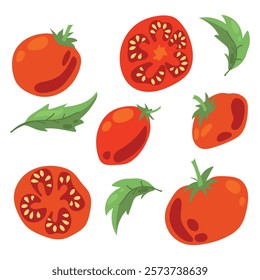 Set of ripe tomatoes. Vegetables. Red tomatoes. Juicy Harvest. Healthy food. Vector on a white background.