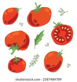 Set of ripe tomatoes. Vegetables. Red tomatoes. Juicy Harvest. Healthy food. Vector on a white background.