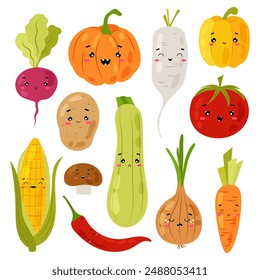 A set of ripe vegetables with funny faces. Different cartoon vegetables in flat style. Cute vegetable characters for kids.