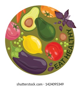 Set of ripe vegetables with the text "eat healthy." Set of tomatoes, eggplant, peas, avocados, carrots, lemon and basil. Vector illustration.