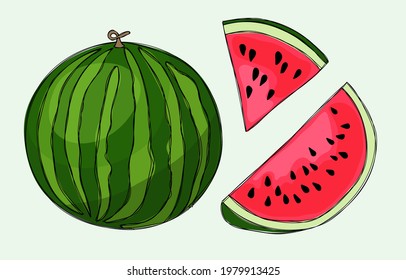 Set of ripe watermelon and watermelon slices