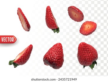 Set of ripe whole and sliced strawberries. Red ripe strawberries realistic design. Vector illustration