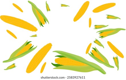 Set of ripe yellow corn with green and yellow leaves, slices and individual grains. Vector illustration in flat style isolated on white background.