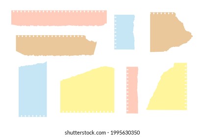 Conjunto de papel artesanal y de color roto. Torna hojas de formas diferentes. Plantillas vacías con borde desgastado y perforación para chatarra, recordatorio, nota. Hoja de notas para la libreta de recortes. Ilustración vectorial aislada