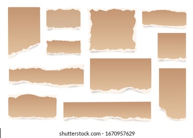 Set of ripped craft torn note, notebook grainy paper strips stuck in different shapes and size. Vector illustration