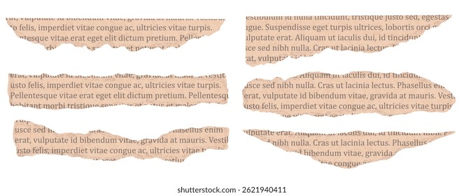 Set of ripped newspaper or book piece with old text in beige color. Torn paper for collage in realistic style