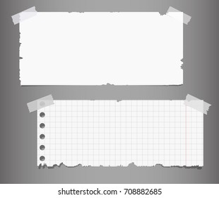 Set of ripped notepaper sheets blank and chequered with sticky tape on grey background