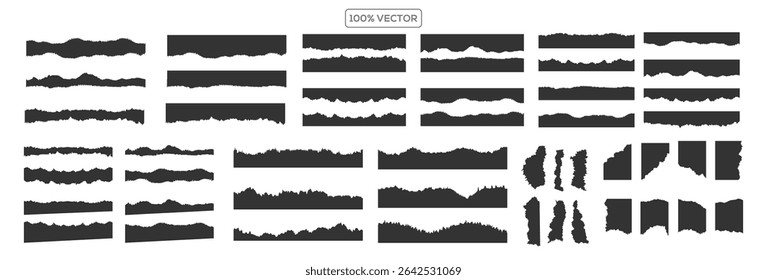 Set of ripped paper, jagged border, torn paper top and down frames vector illustration pack