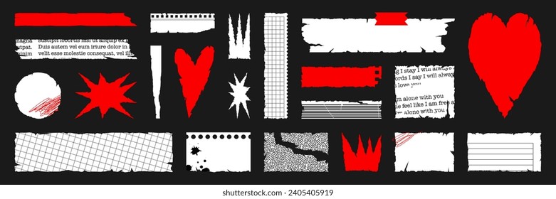 Set of ripped paper sheet with scratch. Jagged edge rectangle, heart, star and crown shape. Grunge frame collection for sticker, collage, banner. Vector isolated illustration.