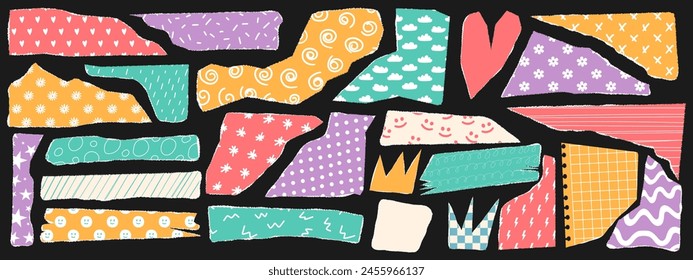 Set of ripped paper sheets with funny pattern. Design elements for contemporary art collage. Vector illustration.