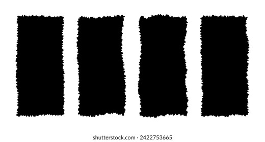 Set of ripped paper textures. Black rectangle shapes with torn edges. Empty ragged text box, label, tag, patch, collage element templates isolated on white background. Vector graphic illustration.