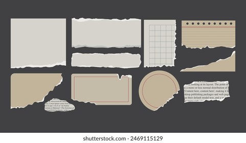 Set Of Ripped Paper. Torn paper book with text. Grunge paper edge. scrapbook text space with line. vector collections