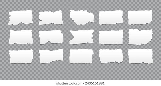 Set of ripped rectangular shapes. Vector illustration. Realistic white colored paper with grunge edges on transparent backdrop