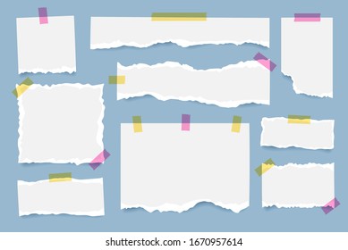 Conjunto de notas rasgadas, tiras de papel granuladas para portátiles pegadas con cinta adhesiva en diferentes formas y tamaños. Ilustración del vector