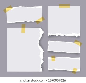 Conjunto de notas rasgadas, tiras de papel granuladas para portátiles pegadas con cinta adhesiva en diferentes formas y tamaños. Ilustración del vector