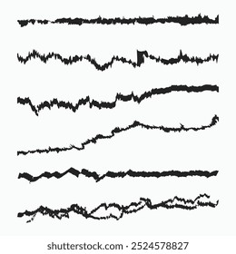 Conjunto de linhas irregulares rasgadas e rasgadas de papel. Coleção de bordas de traço de rabisco preto. Conjunto de feixes de listras em zigue zag ondulado grunge. Elementos de design de rabisco áspero Edgy pacote para cartaz, banner.