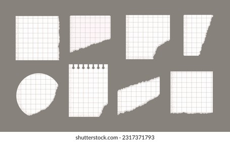 Set of ripped white lined, checkered notebook paper pieces vector illustrations.
