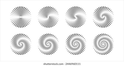 Set of ripple circle icons. Round shapes with swirled polka dot lines isolated on white background. Vortex, sonar wave, soundwave, whirlpool, black hole signs. Vector graphic illustration.