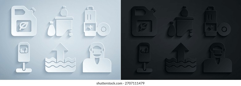 Set Rise in Wasserstand, Batterie, Mülleimer, Gesichtsschutzmaske, Vollstaubbehälter und Bio-Kraftstoffkanister-Symbol. Vektorgrafik