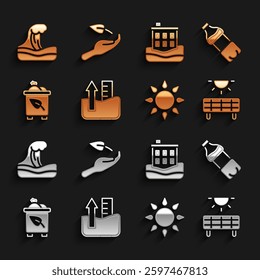 Set Rise in water level, Bottle of, Solar energy panel, Sun, Recycle bin with recycle, House flood, Tsunami and Sprout hand icon. Vector