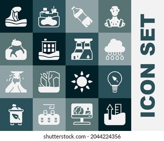 Set Rise in water level, Light bulb with leaf, Cloud rain, Bottle of, House flood, Deforestation, Tsunami and Nuclear power plant icon. Vector