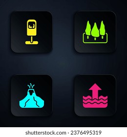 Set Rise in water level, Trash can, Volcano eruption with lava and Forest. Black square button. Vector