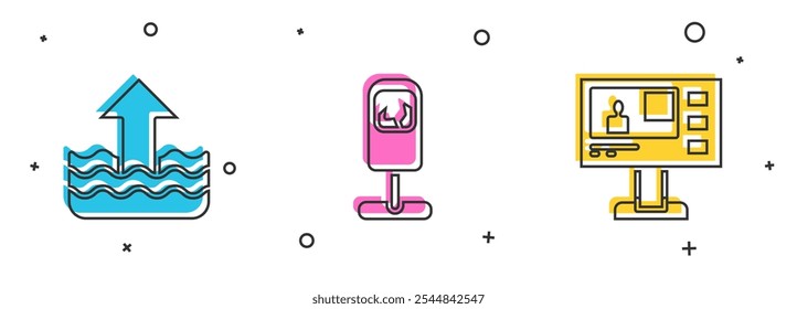 Set Rise in water level, Trash can and Television report icon. Vector