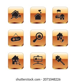 Set Rising cost of housing, Search house, Hanging sign with For Rent, Realtor, House key and heart shape icon. Vector